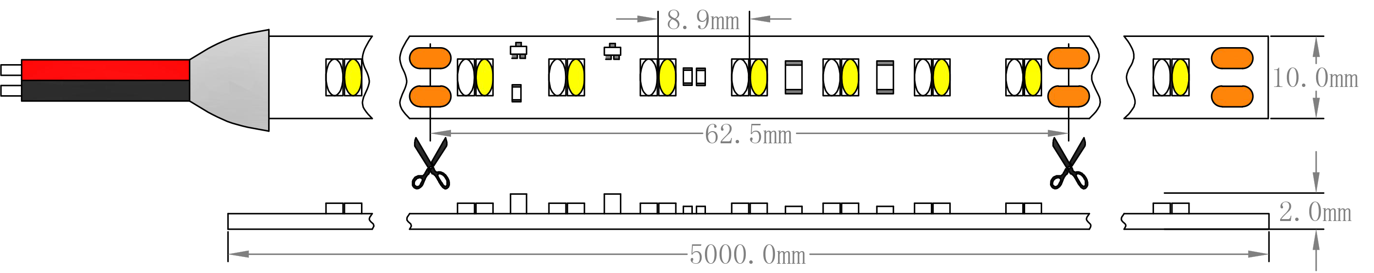 SMD2216 薄暗いから暖かい LED ストリップ ライトの寸法