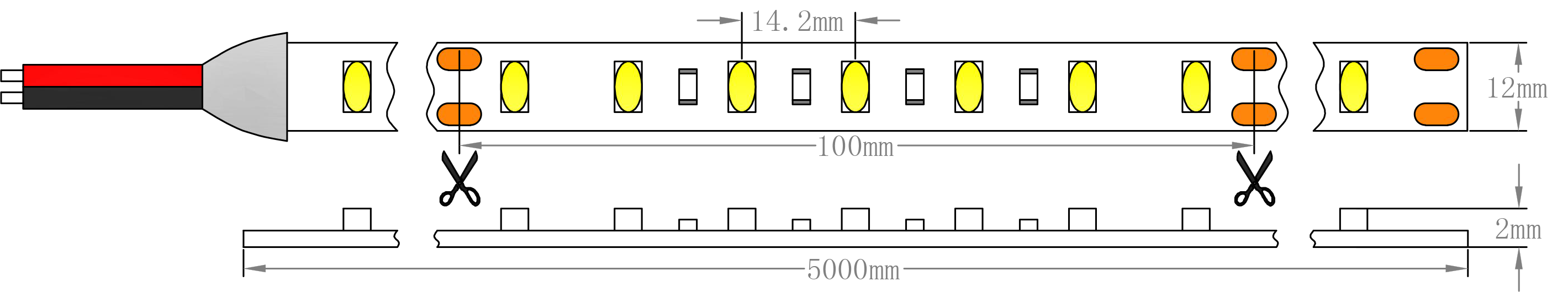 SMD2835 14.4W LED ストリップ ライトの寸法