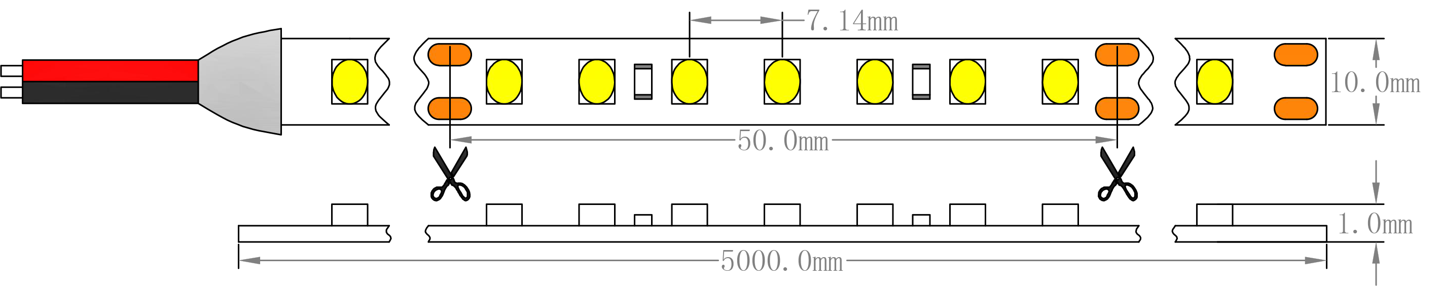 SMD2835 140LEDs 19.2W LED ストリップ ライトの寸法